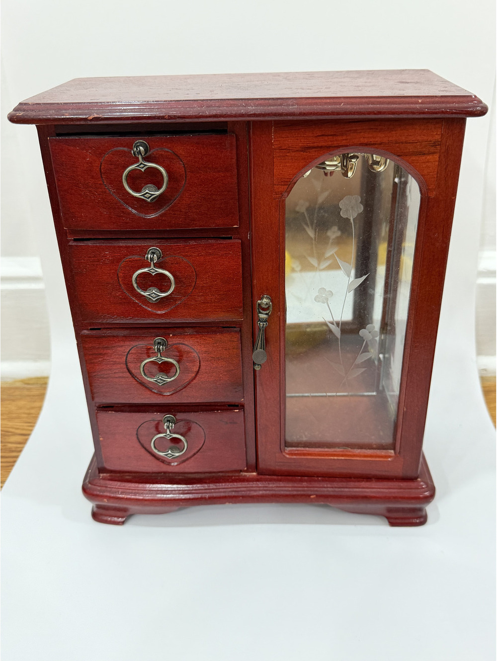 Vintage Red Wood Jewelry cabinet with galss door and mirror, velvet drawers